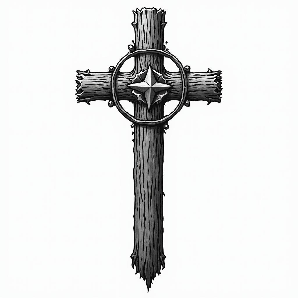 Old Wooden crossin authentic tattoo style, incorporating traditional modifications, bold black outlines, solid color fills, featuring classic authentic elements - Variation 3