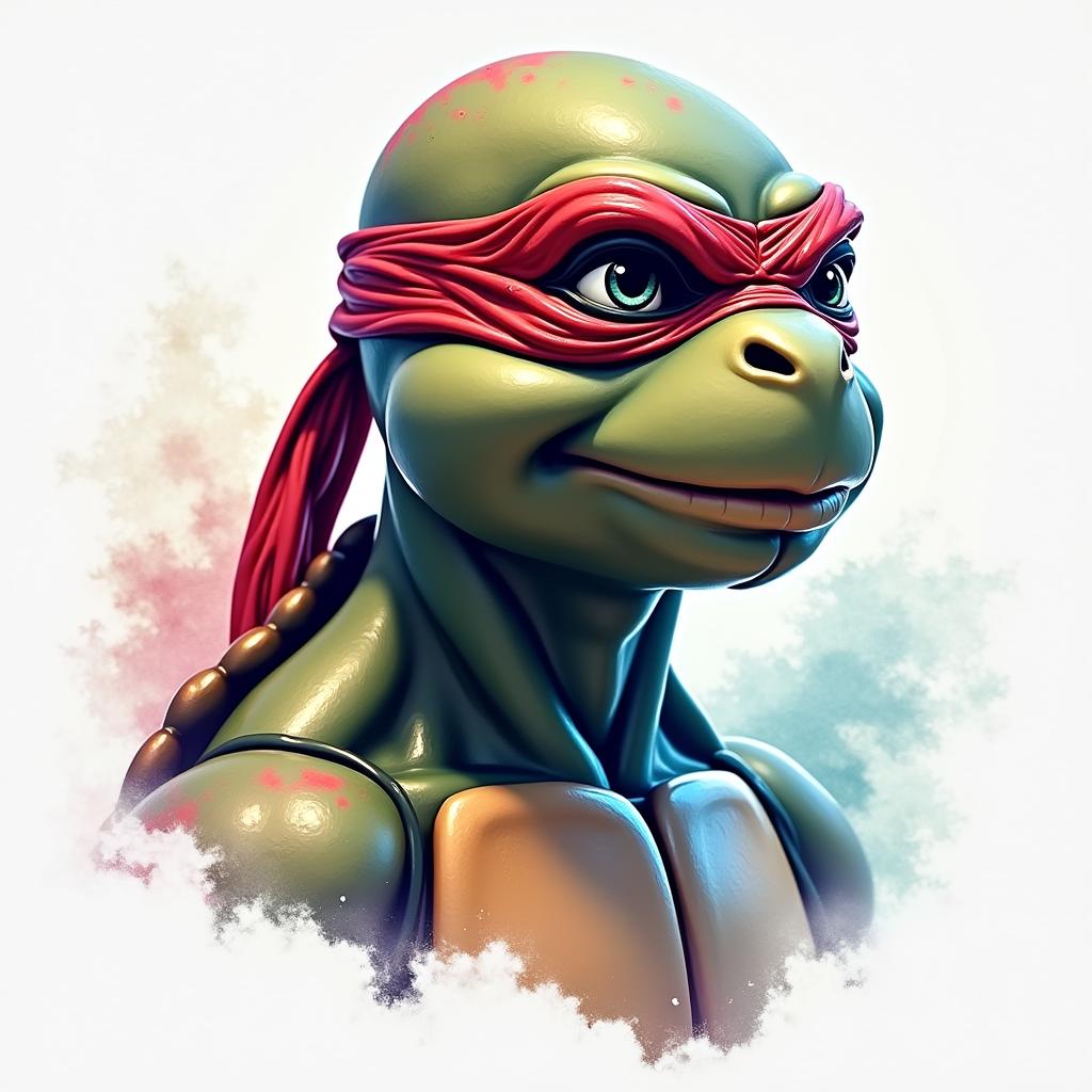 Red ninja turtle with watercolor backgroundin distorted and fragmented tattoo design, featuring a classical statue bust, in a glitch art style with vibrant, overlapping colors of cyan, magenta, and yellow, creating a digital distortion effect - Variation 2