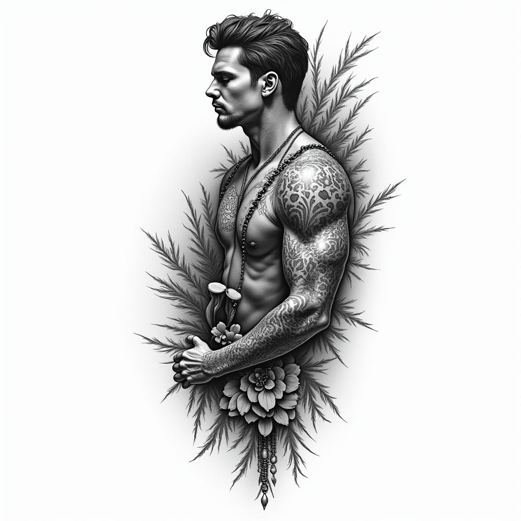 Create me a half sleeve for a man with musical notes, brass instruments, and include tribal.in bohemian style tattoo, 8k - Variation 2
