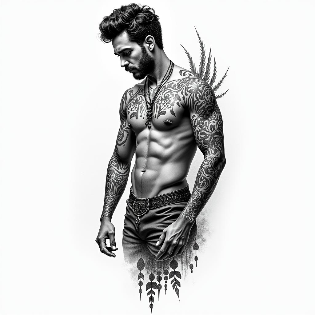Create me a half sleeve for a man with musical notes, brass instruments, and include tribal.in bohemian style tattoo, 8k - Variation 4