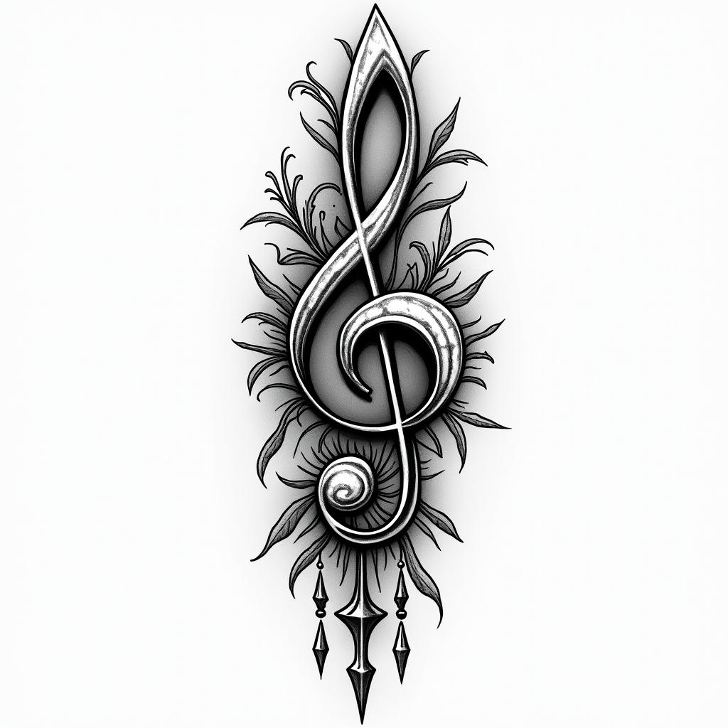 Create me a half sleeve for a man with musical notes, brass instruments, and include tribal.in bohemian style tattoo, 8k