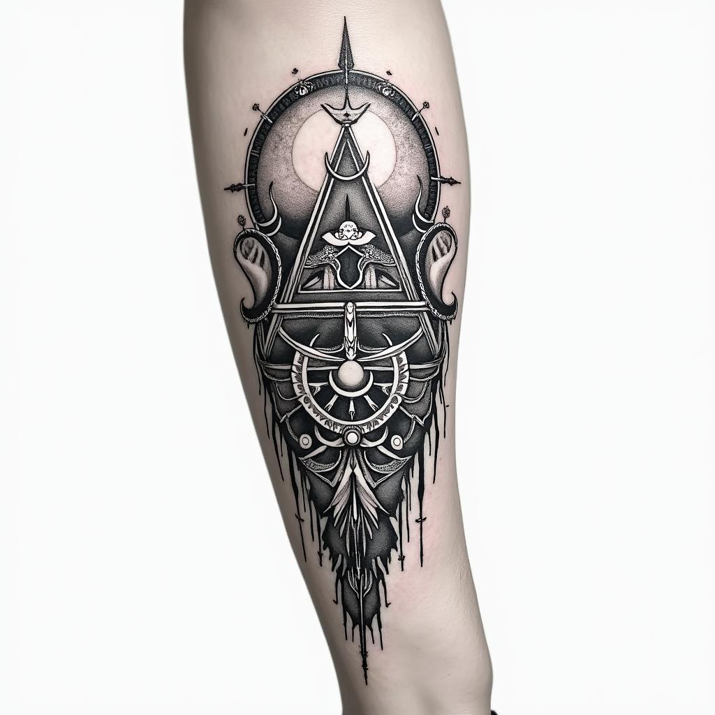 I want to have a tattoo on my entire arm with a Nordic theme.in paganic style tattoo, featuring ancient symbols, add vegvisir symbol, mystical figures, incorporating designs, pentagrams, runes, crescent moons, - Variation 4