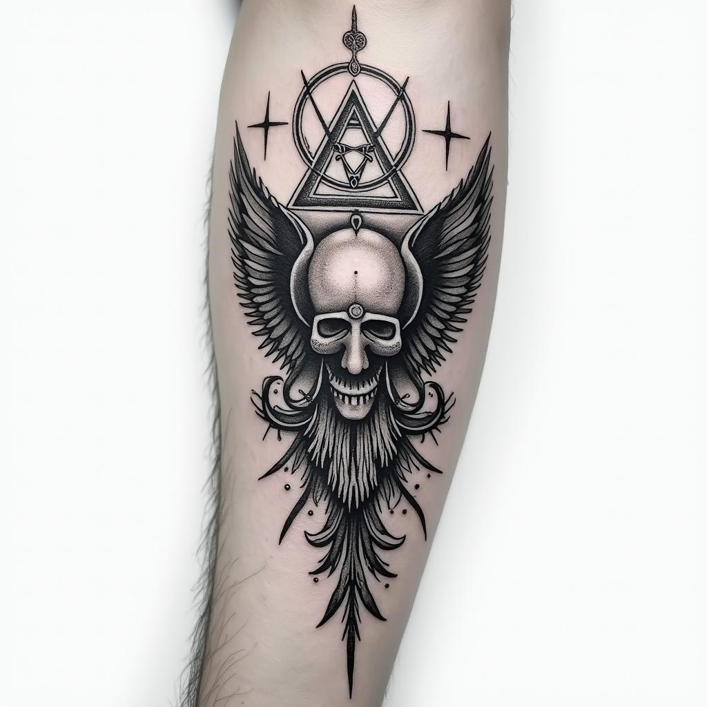 I want to have a tattoo on my entire arm with a Nordic theme.in paganic style tattoo, featuring ancient symbols, add vegvisir symbol, mystical figures, incorporating designs, pentagrams, runes, crescent moons,