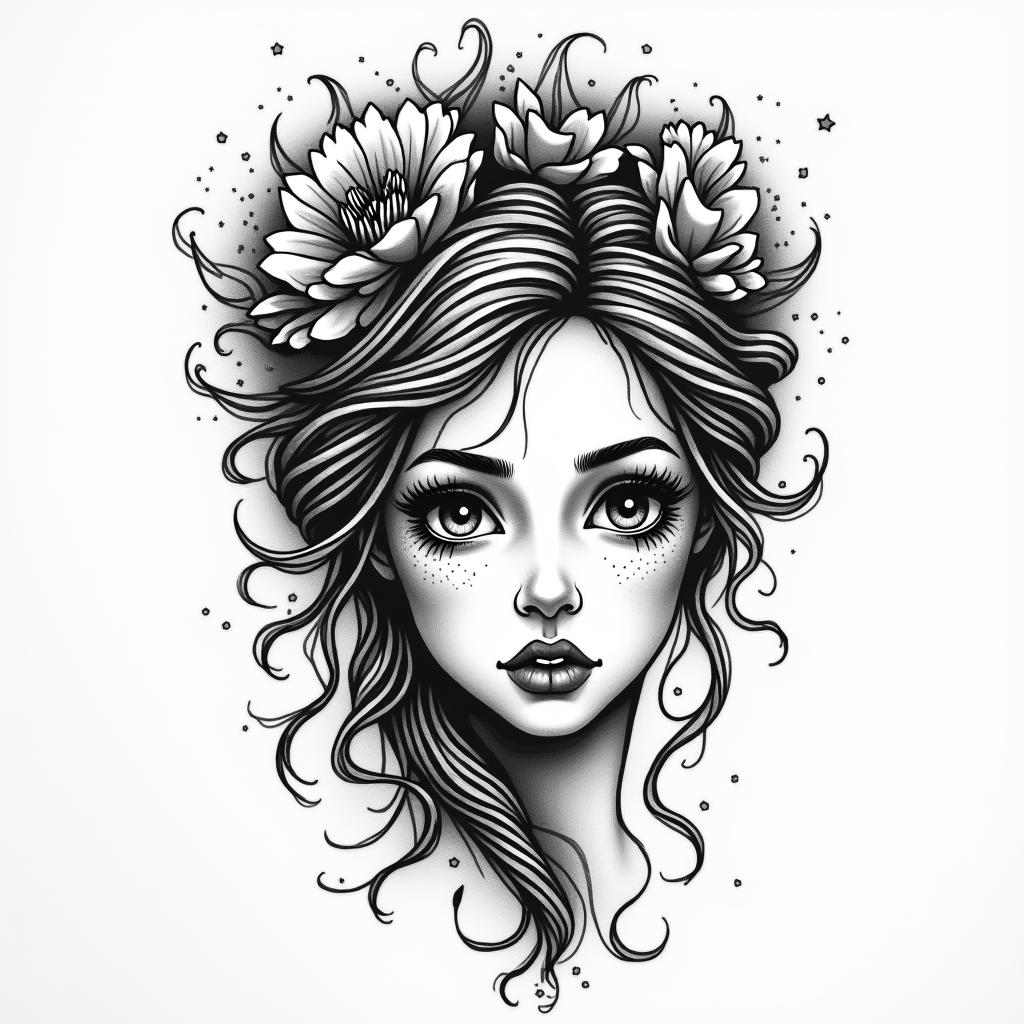 Aquarius. 45 years old. Once had myocarditis that really affected me psychologically. But now it's better again. I try to be strong, even though it's not always easy. I have a 6-year-old daughter whom I love.in authentic tattoo style, incorporating traditional modifications, bold black outlines, solid color fills, featuring classic authentic elements