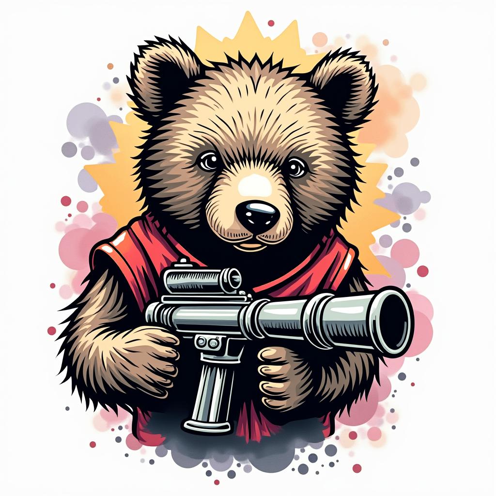 A bear and a cannonin pop art style tattoo, featuring bold and vibrant colors, exaggerated outlines, iconic imagery, inspired by comic books and speech bubbles, comic book characters, retro pop culture