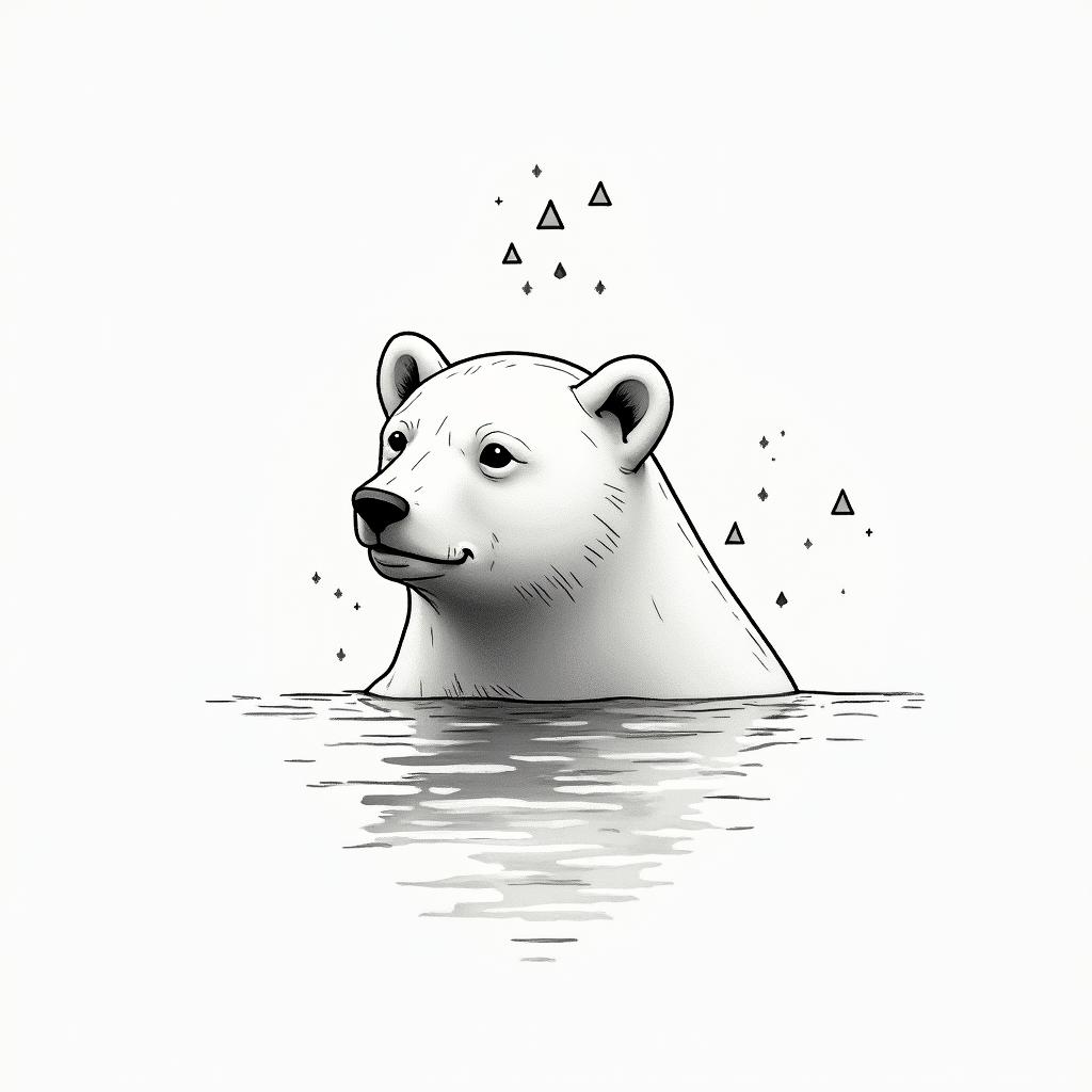 Polar bear water geometricalin minimalist style tattoo, featuring simple shapes and fine lines, with minimal shading and details, tiny triangles, creating a sense of balance and harmony - Variation 3