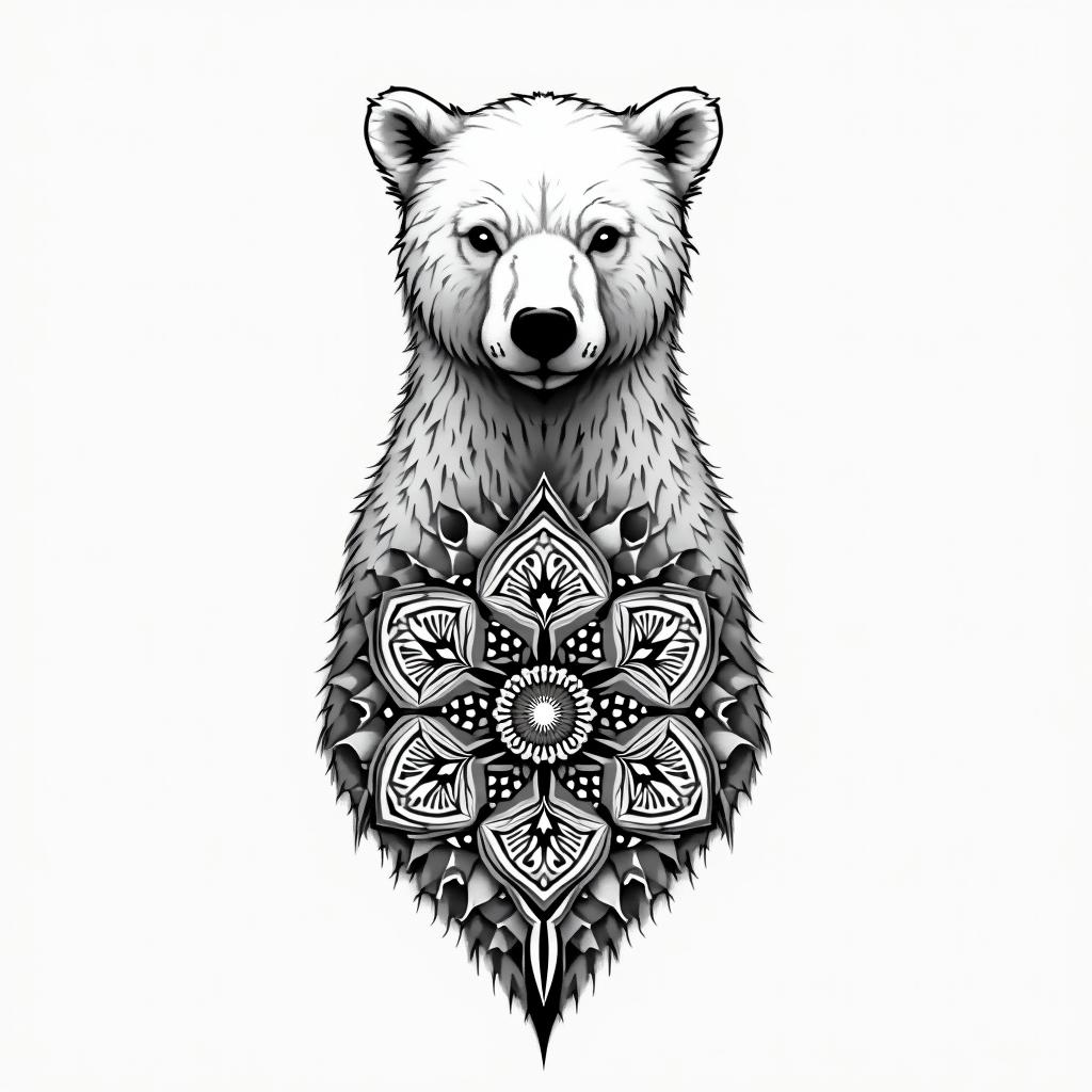 Polar bear water geometrical in geometric style tattoo, blending hexagons, mandala-inspired patterns, symmetrical and fractal design, clean lines, sharp angles - Variation 2