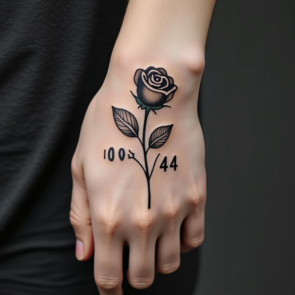 Hand tattoo black rose 444 let them 11:11 be braveminimalist text-based tattoo, Monospace font ultra-realistic, perfectly placed, high-quality font design, photo-realistic shading, 8k, high quality, finely detailed typograph - Variation 11