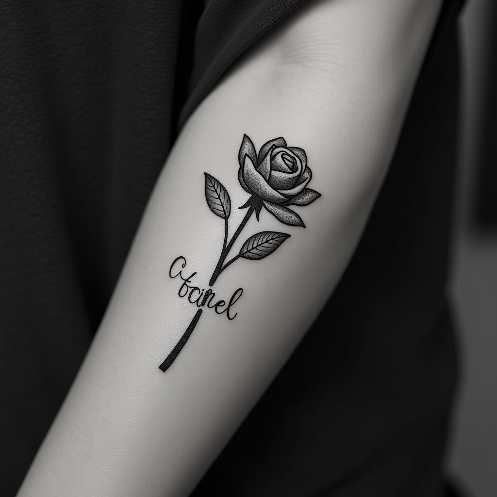 Hand tattoo black rose 444 let them 11:11 be braveminimalist text-based tattoo, Monospace font ultra-realistic, perfectly placed, high-quality font design, photo-realistic shading, 8k, high quality, finely detailed typograph - Variation 9