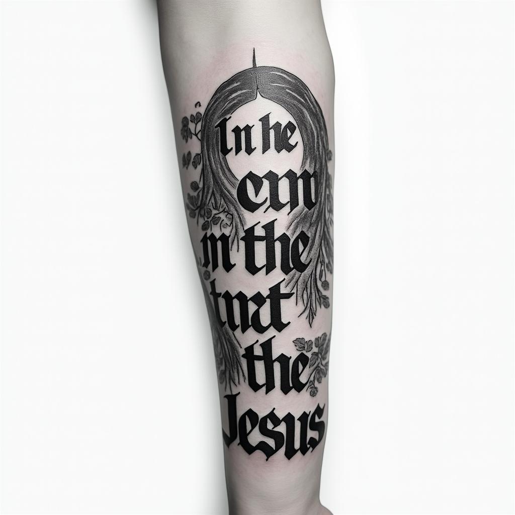 In the arm of Jesustext-based tattoo, japanese font ultra-realistic, perfectly placed, high-quality font design, photo-realistic shading, 8k, high quality, finely detailed typograph - Variation 3