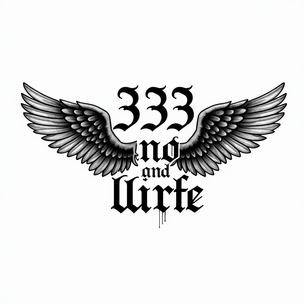 333 long ways with angel wingstext-based tattoo, gothic font ultra-realistic, perfectly placed, high-quality font design, photo-realistic shading, 8k, high quality, finely detailed typography