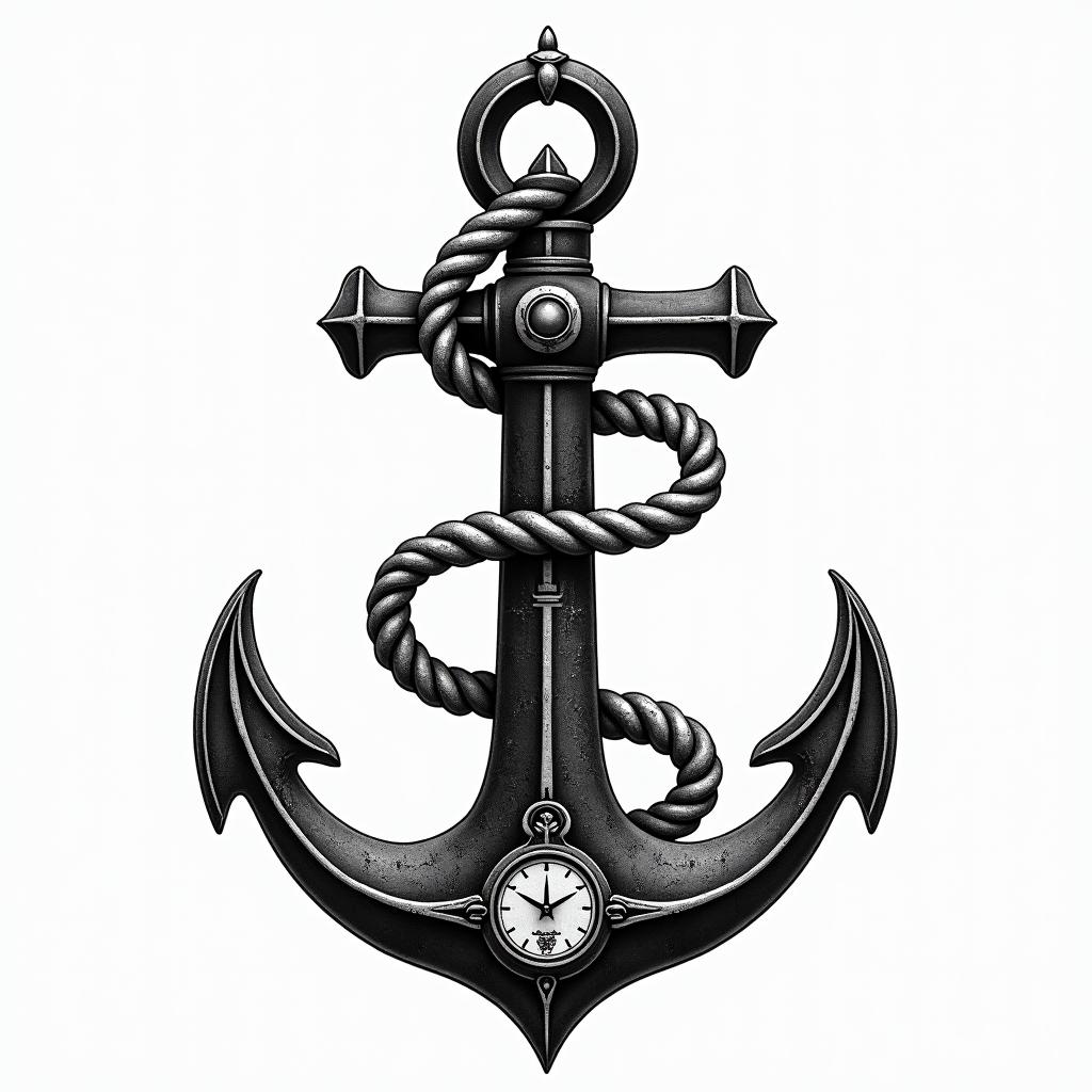 Anchor with nautical rope and compassin egyptian style tattoo, bold elements of ancient egyptian culture including a portrait of an Egyptian pharaoh with detailed facial features, in hieroglyphs and symbolic imagery, eye of horus, ankh symbol, scarab beetle