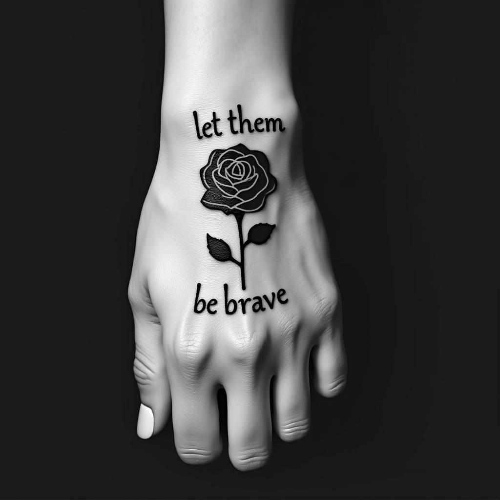 Hand tattoo black rose 444 let them 11:11 be braveminimalist text-based tattoo, Monospace font ultra-realistic, perfectly placed, high-quality font design, photo-realistic shading, 8k, high quality, finely detailed typograph - Variation 7