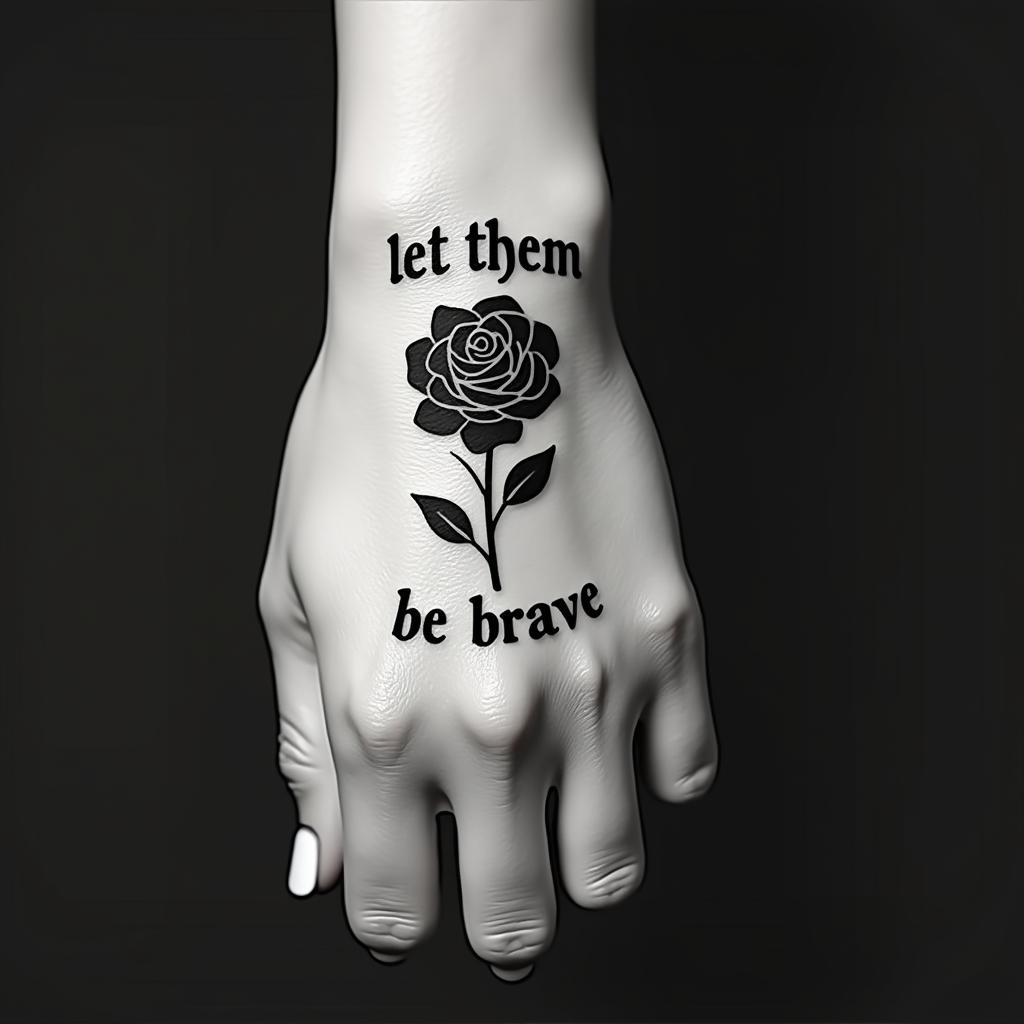 Hand tattoo black rose 444 let them 11:11 be braveminimalist text-based tattoo, Monospace font ultra-realistic, perfectly placed, high-quality font design, photo-realistic shading, 8k, high quality, finely detailed typograph - Variation 3