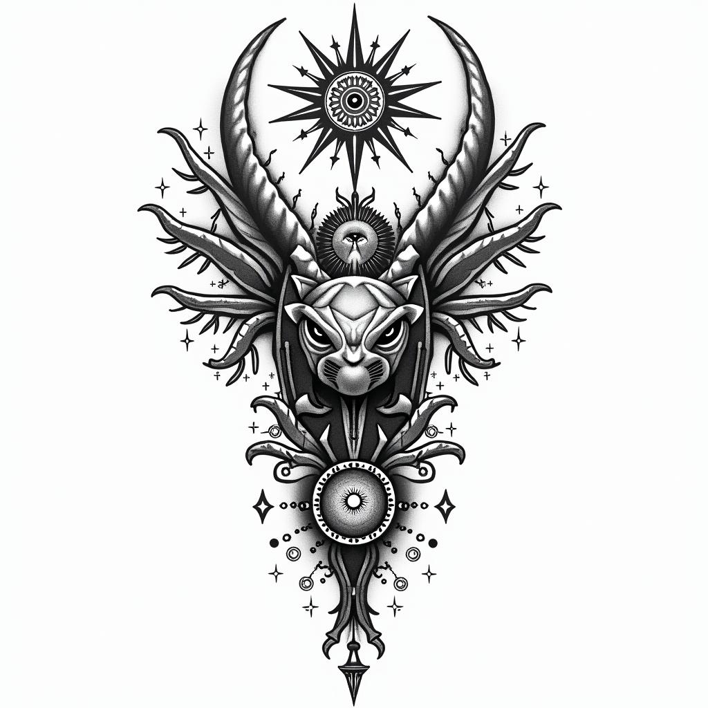 Frank William Campbell 1988 dragon scorpion Salinas Californiain prophecy tattoo style, featuring mystical symbols, celestial imagery like stars, moons, suns, geometric patterns, foretelling elements, an eye of wisdom - Variation 8