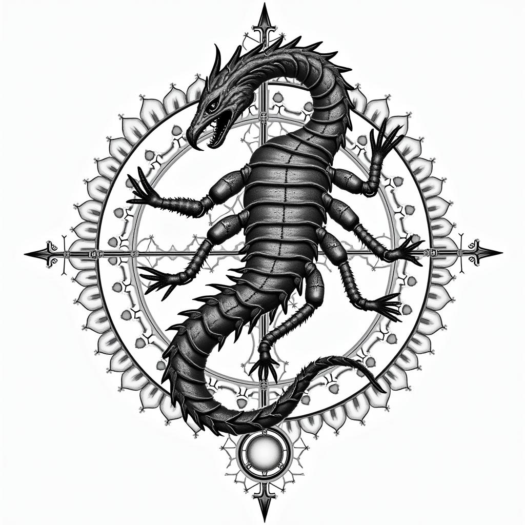 Frank William Campbell 1988 dragon scorpion Salinas Californiain prophecy tattoo style, featuring mystical symbols, celestial imagery like stars, moons, suns, geometric patterns, foretelling elements, an eye of wisdom - Variation 7