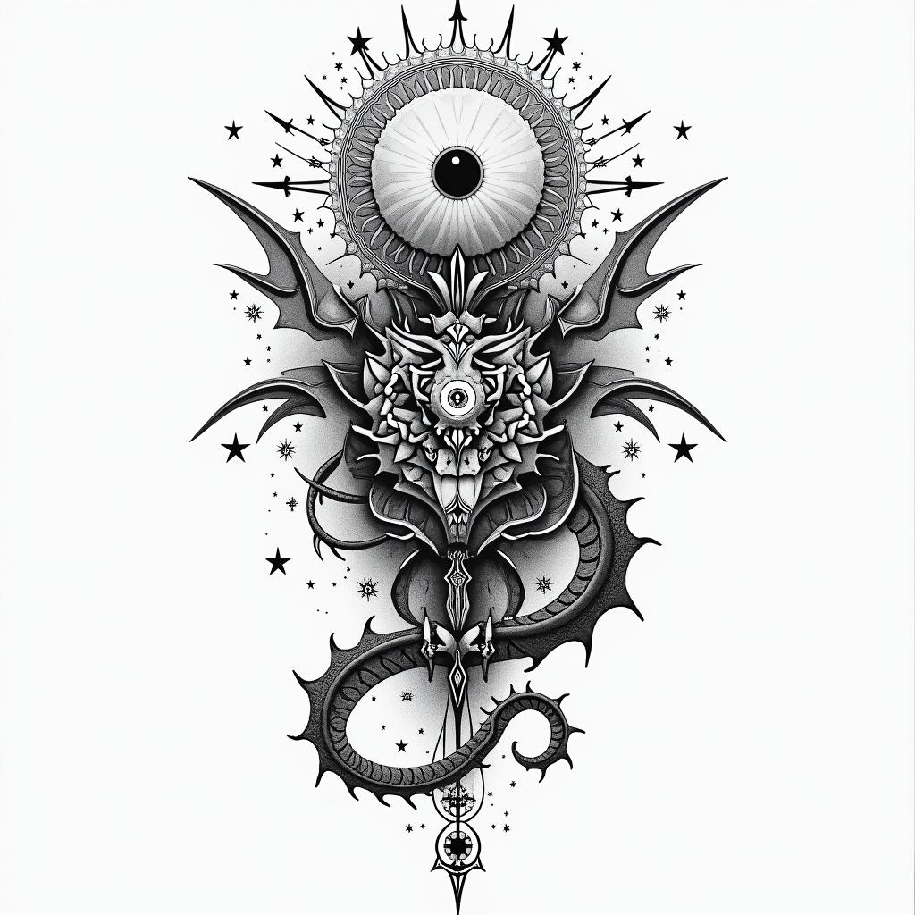 Frank William Campbell 1988 dragon scorpion Salinas Californiain prophecy tattoo style, featuring mystical symbols, celestial imagery like stars, moons, suns, geometric patterns, foretelling elements, an eye of wisdom - Variation 6