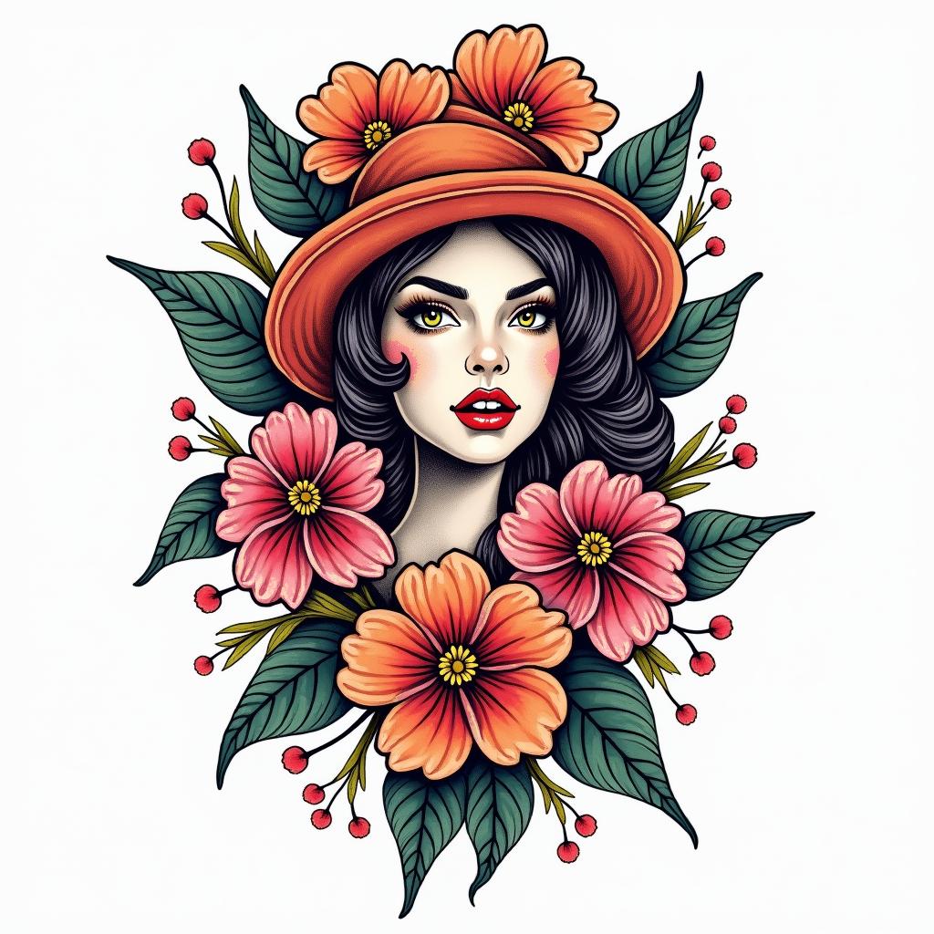 Flowers, girlyin pop art style tattoo, featuring bold and vibrant colors, exaggerated outlines, iconic imagery, inspired by comic books and speech bubbles, comic book characters, retro pop culture - Variation 3