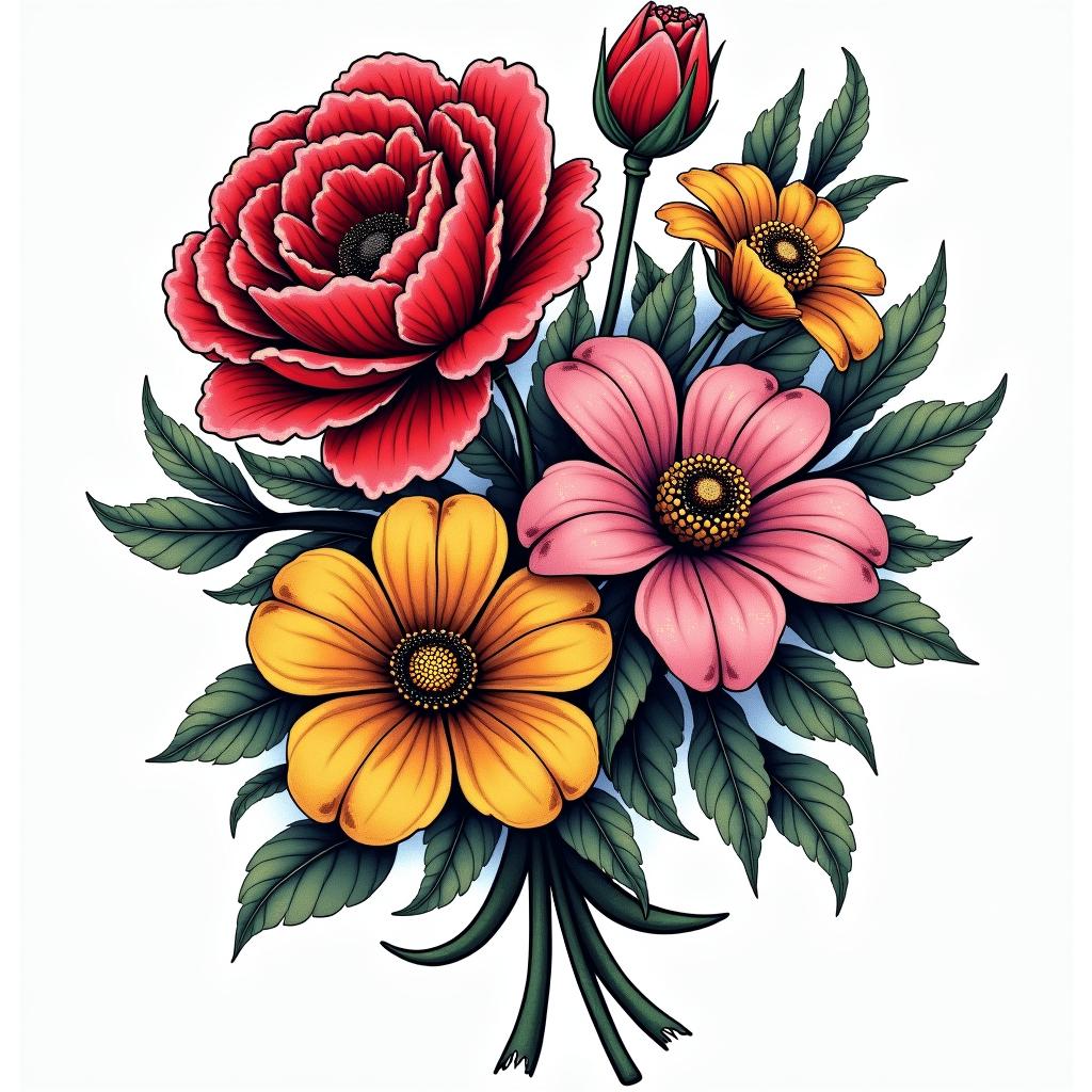 Flowers, girlyin pop art style tattoo, featuring bold and vibrant colors, exaggerated outlines, iconic imagery, inspired by comic books and speech bubbles, comic book characters, retro pop culture