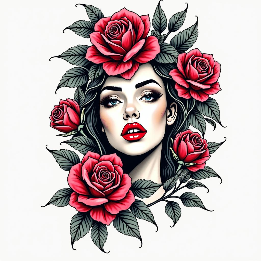 Flowers, girlyin pop art style tattoo, featuring bold and vibrant colors, exaggerated outlines, iconic imagery, inspired by comic books and speech bubbles, comic book characters, retro pop culture - Variation 2