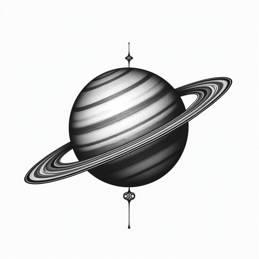 Saturn tattoo with P initial in chinesetext-based tattoo, japanese font ultra-realistic, perfectly placed, high-quality font design, photo-realistic shading, 8k, high quality, finely detailed typograph