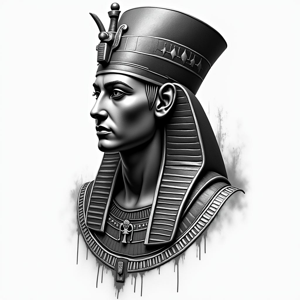 rage, warriorin egyptian style tattoo, bold elements of ancient egyptian culture including a portrait of an Egyptian pharaoh with detailed facial features, in hieroglyphs and symbolic imagery, eye of horus, ankh symbol, scarab beetle - Variation 2