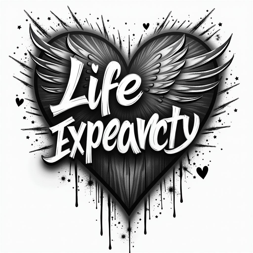 The term "life expectancy" in Mexican gang style.in graffiti style tattoo, featuring bold and dynamic street art elements, spray-paint texture with exaggerated lines and expressive, chaotic brushstrokes, intricate lettering incorporated with graffiti tags, symbols like hearts, stars, and wings