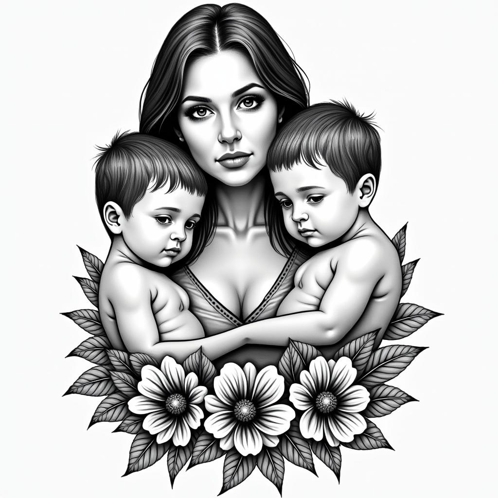 Teen mom of two boysin authentic tattoo style, incorporating traditional modifications, bold black outlines, solid color fills, featuring classic authentic elements - Variation 2