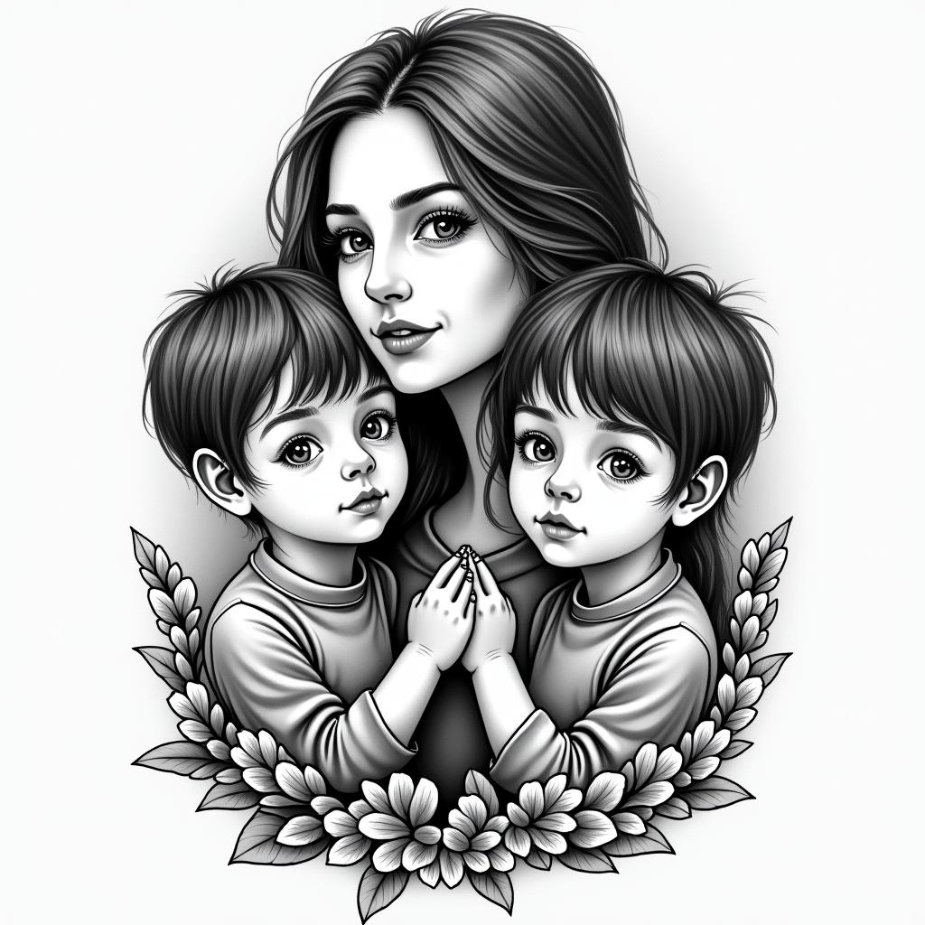 Teen mom of two boysin authentic tattoo style, incorporating traditional modifications, bold black outlines, solid color fills, featuring classic authentic elements - Variation 4
