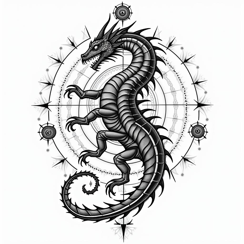 Frank William Campbell 1988 dragon scorpion Salinas Californiain prophecy tattoo style, featuring mystical symbols, celestial imagery like stars, moons, suns, geometric patterns, foretelling elements, an eye of wisdom