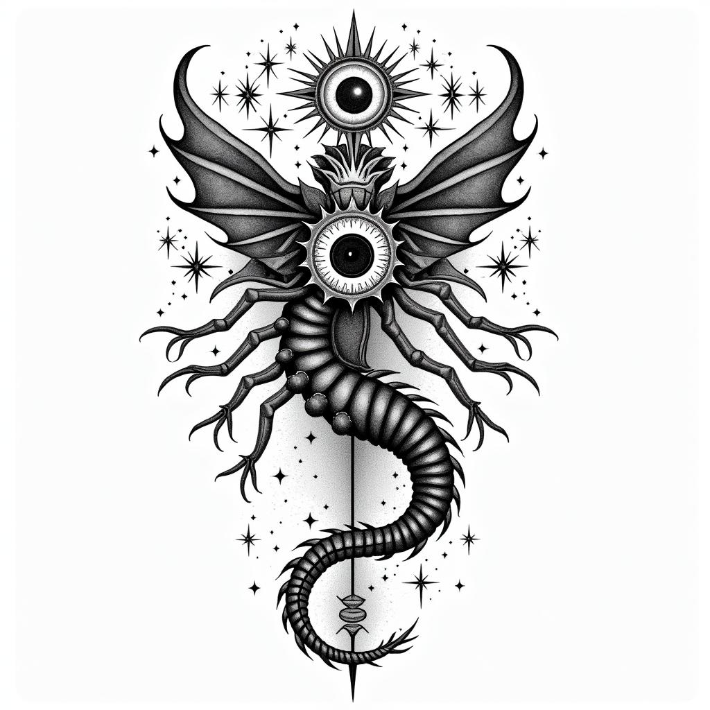 Frank William Campbell 1988 dragon scorpion Salinas Californiain prophecy tattoo style, featuring mystical symbols, celestial imagery like stars, moons, suns, geometric patterns, foretelling elements, an eye of wisdom - Variation 4