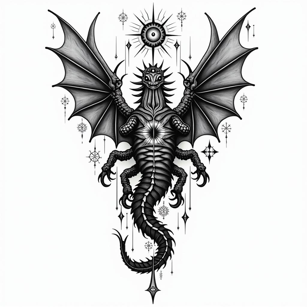 Frank William Campbell 1988 dragon scorpion Salinas Californiain prophecy tattoo style, featuring mystical symbols, celestial imagery like stars, moons, suns, geometric patterns, foretelling elements, an eye of wisdom - Variation 3
