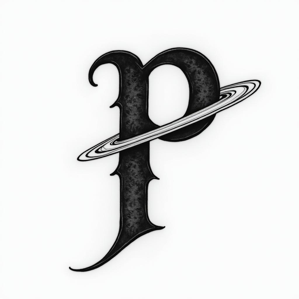 Letter P in Japanese with a Saturntext-based tattoo, japanese font ultra-realistic, perfectly placed, high-quality font design, photo-realistic shading, 8k, high quality, finely detailed typograph - Variation 3