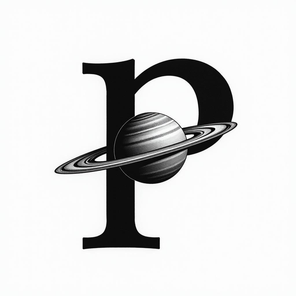 Letter P in Japanese with a Saturntext-based tattoo, japanese font ultra-realistic, perfectly placed, high-quality font design, photo-realistic shading, 8k, high quality, finely detailed typograph - Variation 2