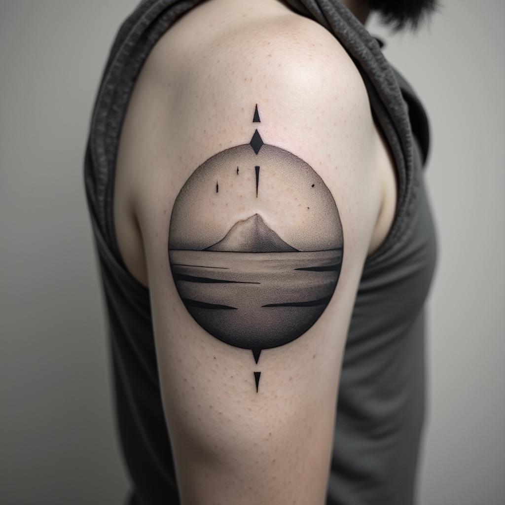 Sun and moonin minimalist style tattoo, featuring simple shapes and fine lines, with minimal shading and details, tiny triangles, creating a sense of balance and harmony - Variation 2