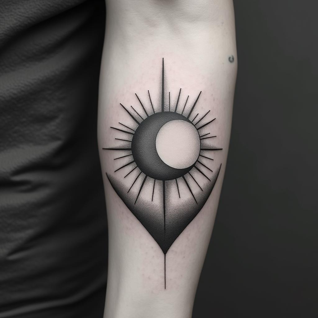 Sun and moonin minimalist style tattoo, featuring simple shapes and fine lines, with minimal shading and details, tiny triangles, creating a sense of balance and harmony