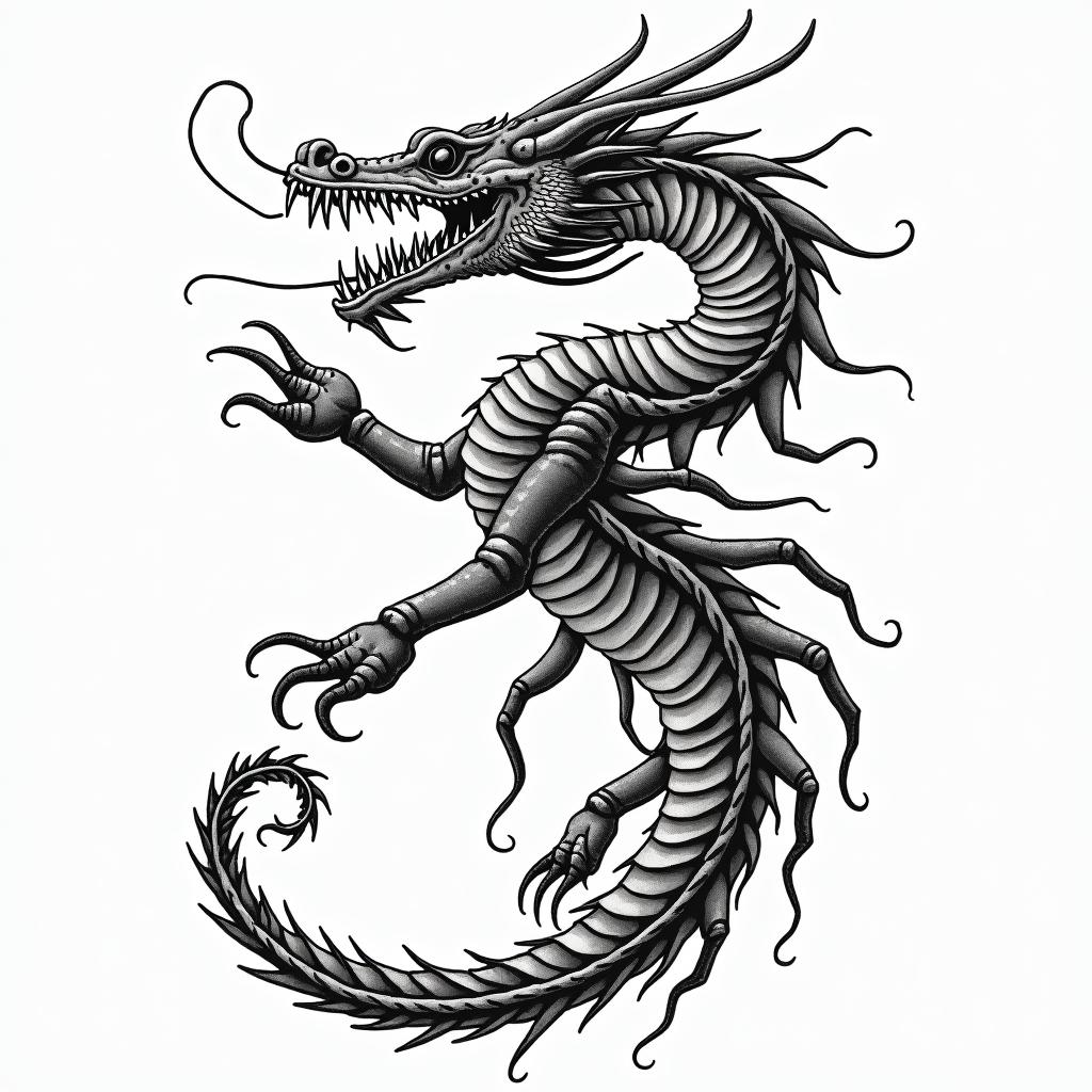 Frank William Campbell 1988 dragon scorpion Salinas Californiain japanese style tattoo, detailed tattoo, traditional japanese culture tattoo, mythology, 8k - Variation 4