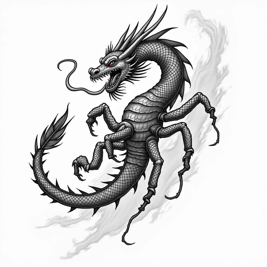 Frank William Campbell 1988 dragon scorpion Salinas Californiain japanese style tattoo, detailed tattoo, traditional japanese culture tattoo, mythology, 8k