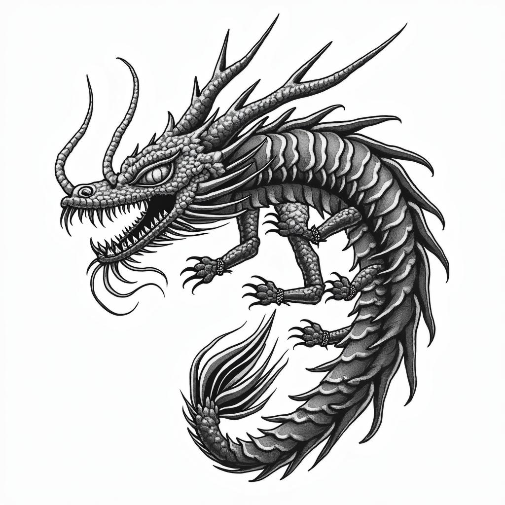 Frank William Campbell 1988 dragon scorpion Salinas Californiain japanese style tattoo, detailed tattoo, traditional japanese culture tattoo, mythology, 8k - Variation 3