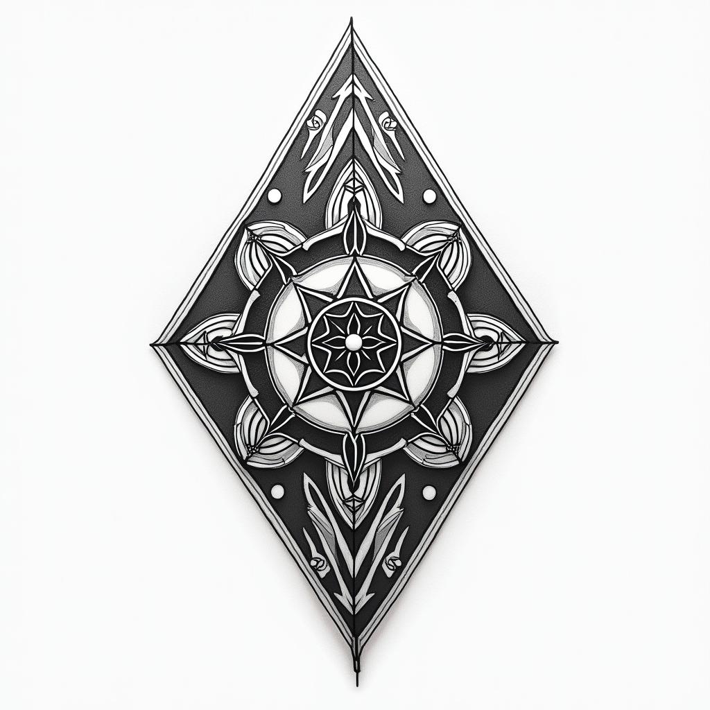 Throne of Glass, wyrdmarks in geometric style tattoo, blending hexagons, mandala-inspired patterns, symmetrical and fractal design, clean lines, sharp angles - Variation 2