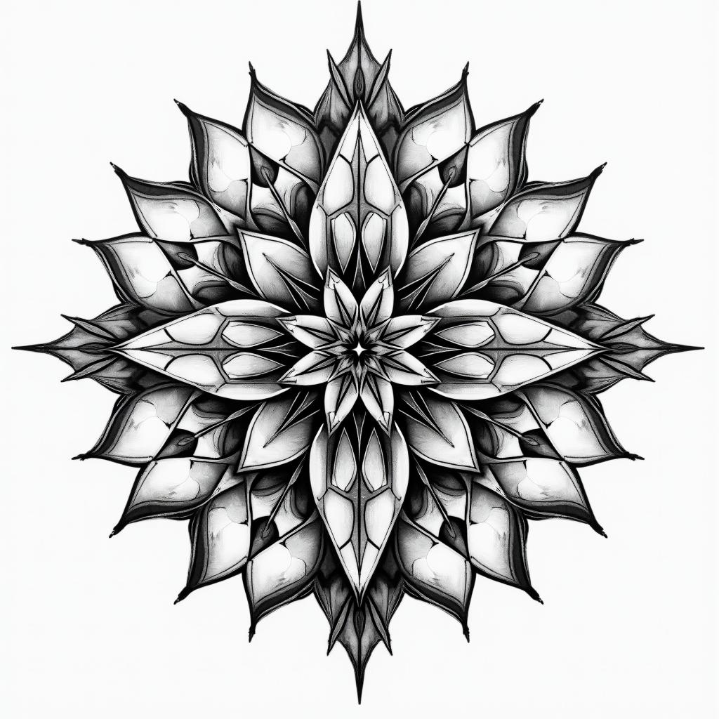 Throne of Glass, wyrdmarks in geometric style tattoo, blending hexagons, mandala-inspired patterns, symmetrical and fractal design, clean lines, sharp angles