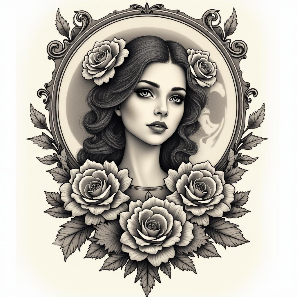Woman of the moonin victorian style tattoo, featuring vintage and elegant elements, ornate frames, roses, antique, sepia-toned color scheme