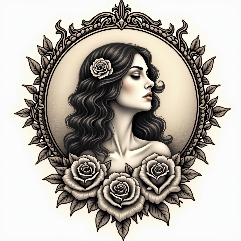 Woman of the moonin victorian style tattoo, featuring vintage and elegant elements, ornate frames, roses, antique, sepia-toned color scheme - Variation 2
