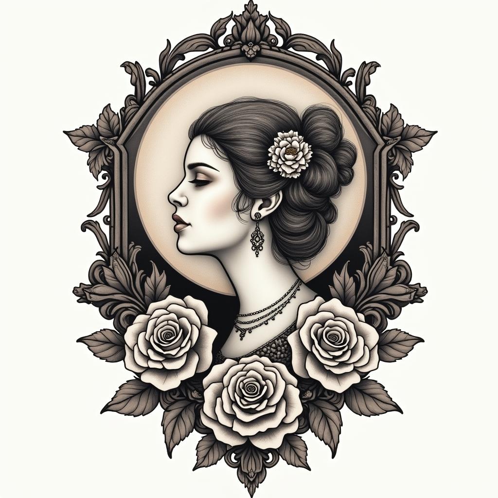 Woman of the moonin victorian style tattoo, featuring vintage and elegant elements, ornate frames, roses, antique, sepia-toned color scheme - Variation 3