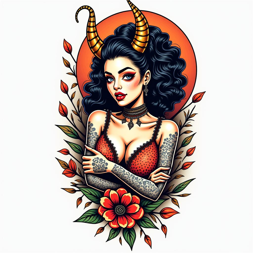 Kendriana, Scorpio, Hahirain pop art style tattoo, featuring bold and vibrant colors, exaggerated outlines, iconic imagery, inspired by comic books and speech bubbles, comic book characters, retro pop culture - Variation 2