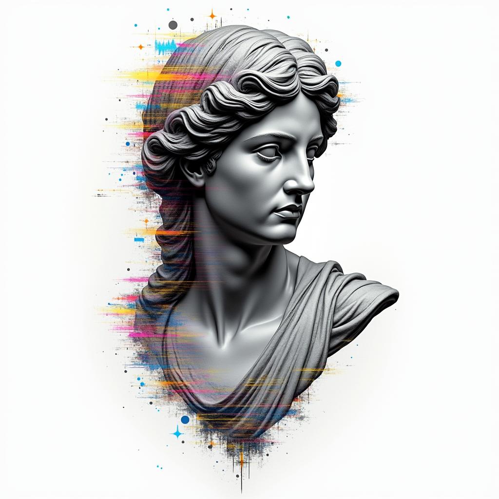 Throne of Glassin distorted and fragmented tattoo design, featuring a classical statue bust, in a glitch art style with vibrant, overlapping colors of cyan, magenta, and yellow, creating a digital distortion effect - Variation 2