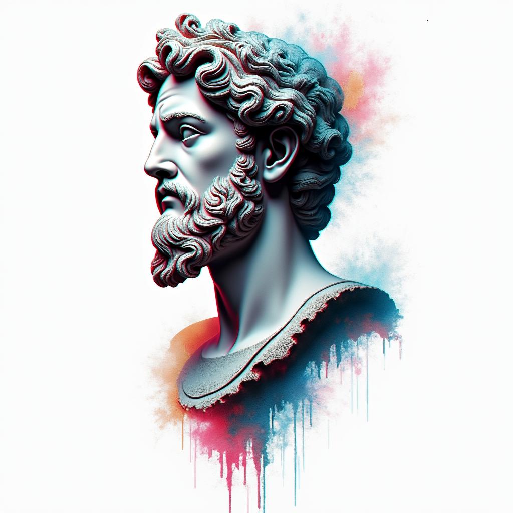 Throne of Glassin distorted and fragmented tattoo design, featuring a classical statue bust, in a glitch art style with vibrant, overlapping colors of cyan, magenta, and yellow, creating a digital distortion effect - Variation 3