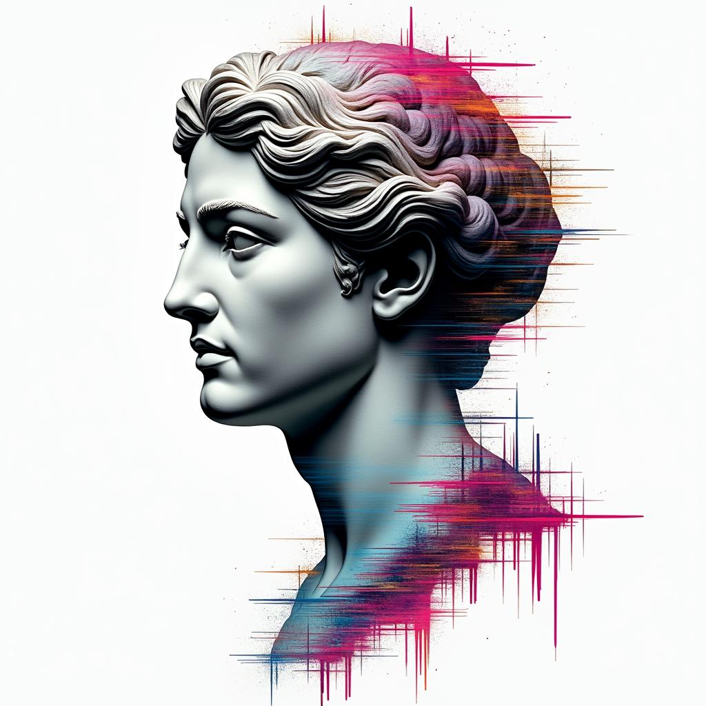 Throne of Glassin distorted and fragmented tattoo design, featuring a classical statue bust, in a glitch art style with vibrant, overlapping colors of cyan, magenta, and yellow, creating a digital distortion effect - Variation 4