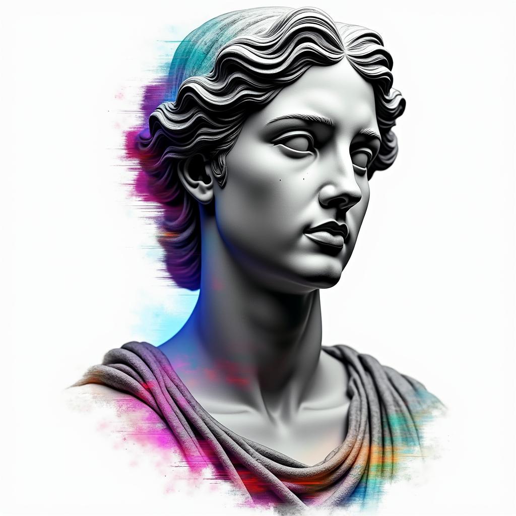 Throne of Glassin distorted and fragmented tattoo design, featuring a classical statue bust, in a glitch art style with vibrant, overlapping colors of cyan, magenta, and yellow, creating a digital distortion effect