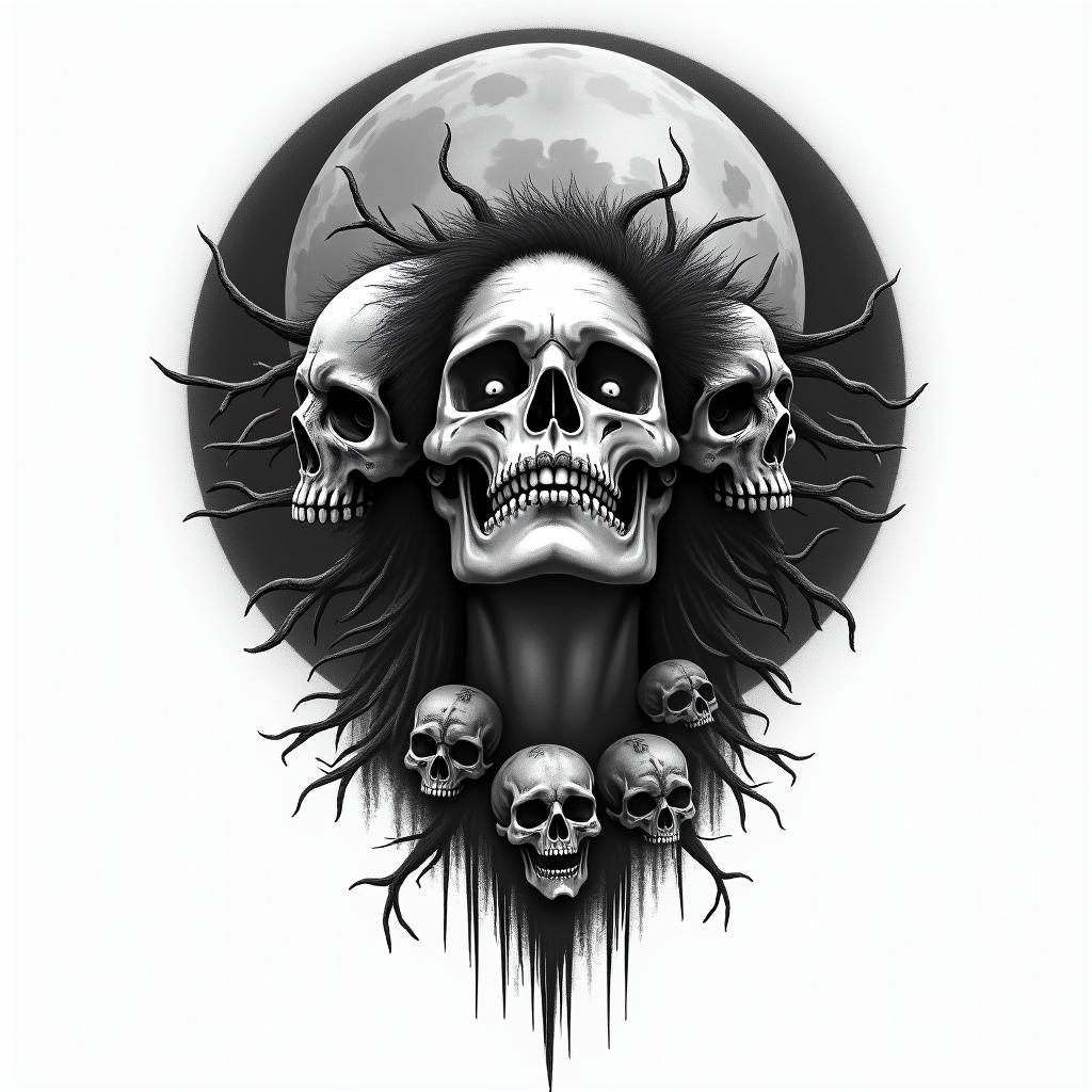 Woman of the moon in horror tattoo style, showcasing haunting and unsettling, dark and gritty textures with skulls, eerie faces, jgged designs, bold and intense shading